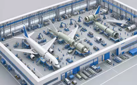 Airbus SE Fertigungsprozess als isometrisches 3D-Diagramm: Endmontagehalle mit mehreren Rümpfen, Roboterarmen und winzigen Arbeiterfiguren - Foto: THN