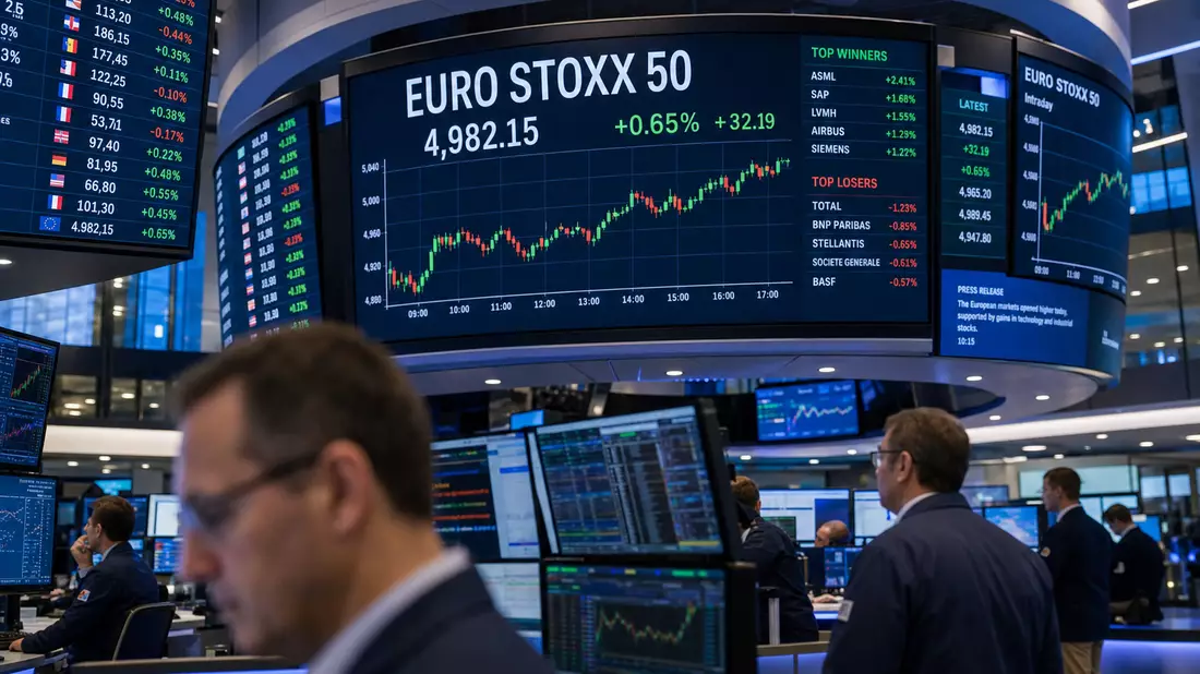 Börsensaal mit EURO STOXX 50-Anzeige, Airbus SE als Indexmitglied