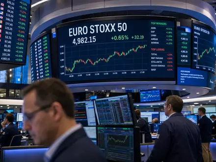 Airbus SE im EURO STOXX 50: Redaktionelles Börsenfoto mit großem Display, Kursdiagramm und Händlern im Vordergrund in professionellem Blaulicht - Foto: THN