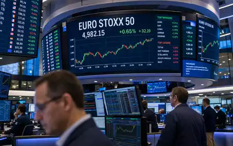 Airbus SE im EURO STOXX 50: Redaktionelles Börsenfoto mit großem Display, Kursdiagramm und Händlern im Vordergrund in professionellem Blaulicht - Foto: THN