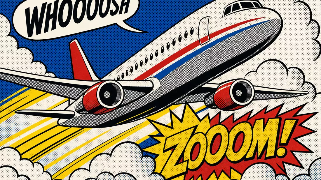 Pop-Art-Comic-Illustration eines Passagierjets mit WHOOOOSH und ZOOOM-Effekten