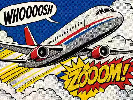 Airbus SE als Pop-Art: Roy-Lichtenstein-inspirierter Comic-Jet mit Ben-Day-Rasterpunkten, WHOOOOSH-Sprechblase und explosivem ZOOOM!-Schriftzug - Foto: THN