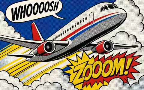 Airbus SE als Pop-Art: Roy-Lichtenstein-inspirierter Comic-Jet mit Ben-Day-Rasterpunkten, WHOOOOSH-Sprechblase und explosivem ZOOOM!-Schriftzug - Foto: THN