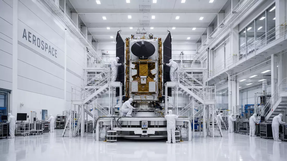 Reinraum-Integrationshalle mit Satellit auf Montageplattform, AEROSPACE-Schriftzug