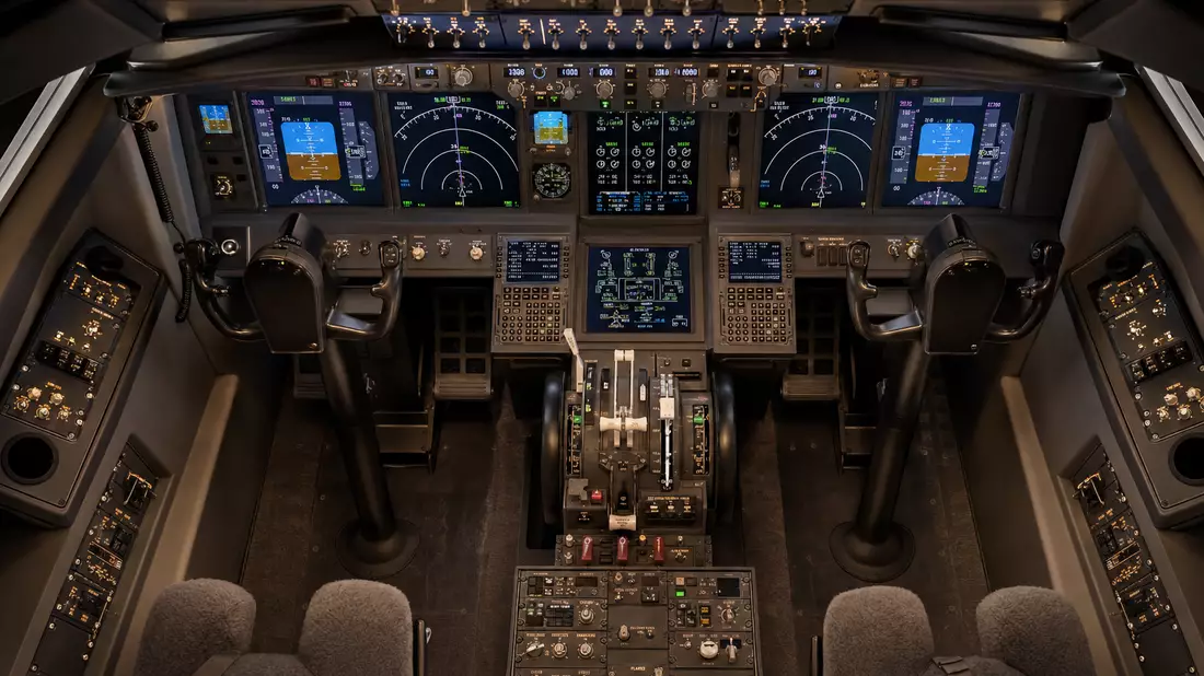 Top-down-Flatlay des Airbus SE Cockpits mit EFIS-Displays und Instrumentenfeld