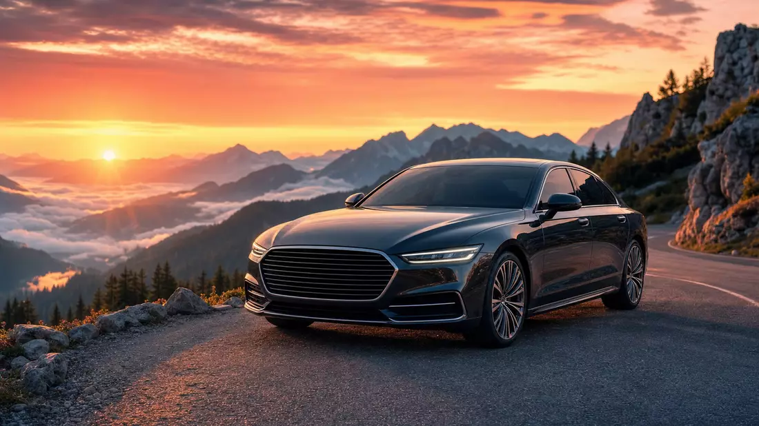 Premium-Limousine auf Bergstraße bei Sonnenaufgang, Alpenkulisse, goldenes Licht