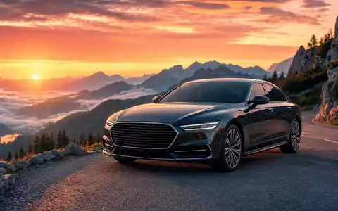 Elegante Premium-Limousine in Front-3/4-Ansicht auf kurvenreicher Bergstraße bei Sonnenaufgang – passt zum Qualitätsanspruch der BMW AG (ISIN DE0005190003) als Automobilhersteller - Foto: THN