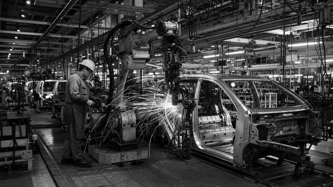 Arbeiter an Roboter-Schweißstraße, Funken, schwarz-weiß, Automobilproduktion