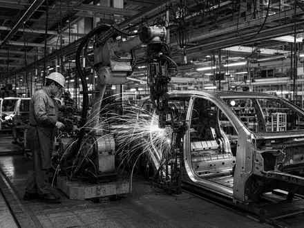Dramatisches S/W-Reportagefoto eines Fabrikarbeiters an einer Roboter-Schweißstraße – symbolisiert die Fertigungskompetenz der BMW AG (ISIN DE0005190003) in München - Foto: THN