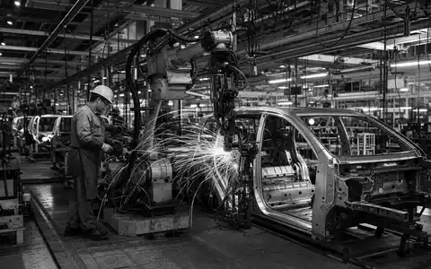 Dramatisches S/W-Reportagefoto eines Fabrikarbeiters an einer Roboter-Schweißstraße – symbolisiert die Fertigungskompetenz der BMW AG (ISIN DE0005190003) in München - Foto: THN