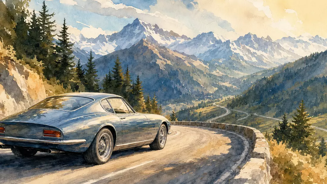 Aquarell-Illustration stilisiertes Coupé auf Alpenstraße, Bergpanorama, Pastell