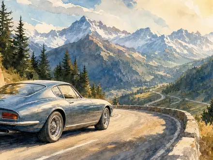 Malerische Aquarell-Illustration eines stilisierten Coupés auf kurvenreicher Alpenroute – künstlerische Hommage an die Fahrdynamik der BMW AG (ISIN DE0005190003) - Foto: THN