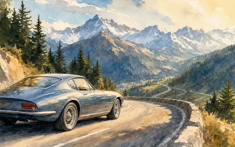 Malerische Aquarell-Illustration eines stilisierten Coupés auf kurvenreicher Alpenroute – künstlerische Hommage an die Fahrdynamik der BMW AG (ISIN DE0005190003) - Foto: THN