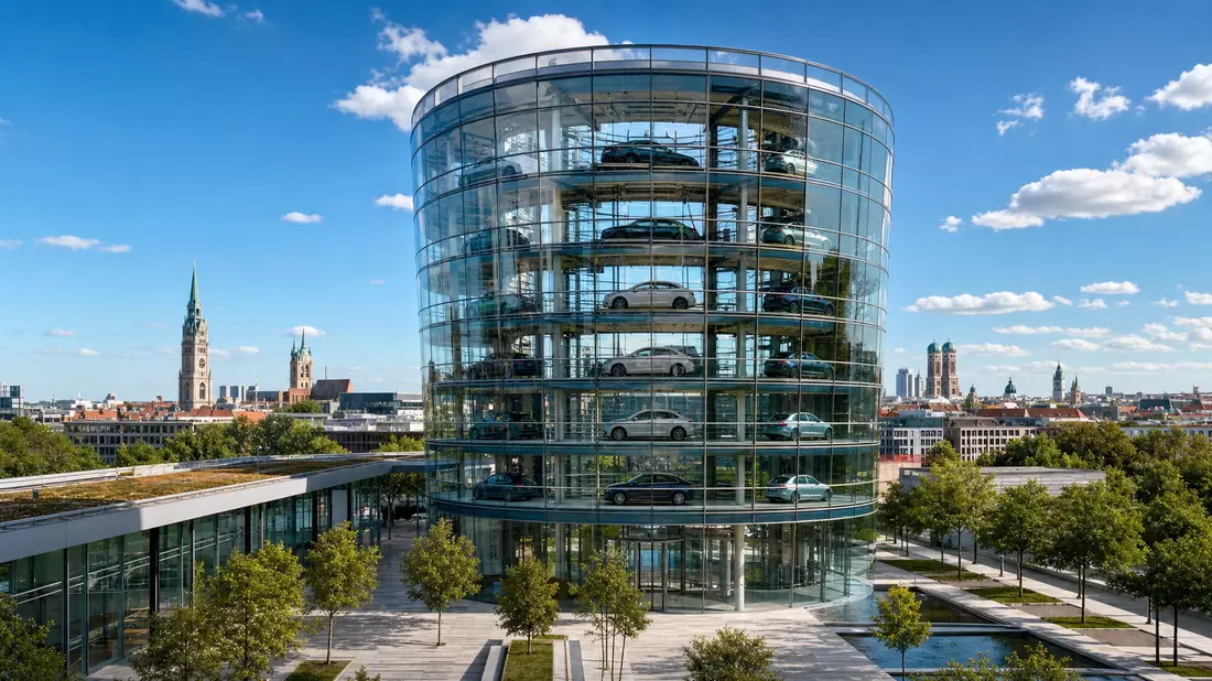 Gläserner Automobil-Auslieferungsturm München, mehrstöckig, blauer Himmel