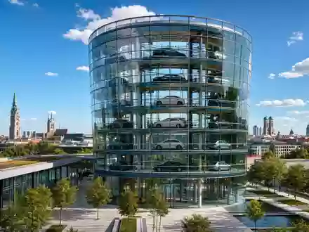 Modernes Glas-Auto-Tower-Auslieferungszentrum in München – architektonisches Wahrzeichen und Sinnbild für das Premiumsegment der BMW AG (ISIN DE0005190003) - Foto: THN