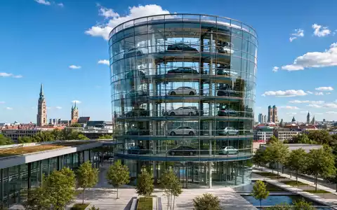 Modernes Glas-Auto-Tower-Auslieferungszentrum in München – architektonisches Wahrzeichen und Sinnbild für das Premiumsegment der BMW AG (ISIN DE0005190003) - Foto: THN