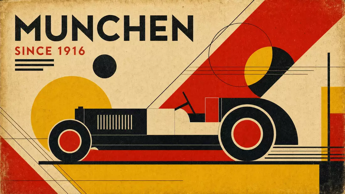 Bauhaus-Poster geometrisches Retro-Auto MUNCHEN SINCE 1916, schwarz rot gelb