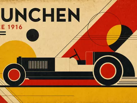 Geometrisches Vintage-Bauhaus-Plakat mit stilisiertem Automobil, Schriftzug MUNCHEN und SINCE 1916 – Hommage an die Gründungsgeschichte der BMW AG (ISIN DE0005190003) - Foto: THN