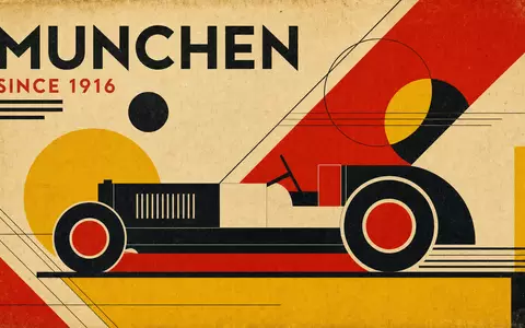 Geometrisches Vintage-Bauhaus-Plakat mit stilisiertem Automobil, Schriftzug MUNCHEN und SINCE 1916 – Hommage an die Gründungsgeschichte der BMW AG (ISIN DE0005190003) - Foto: THN