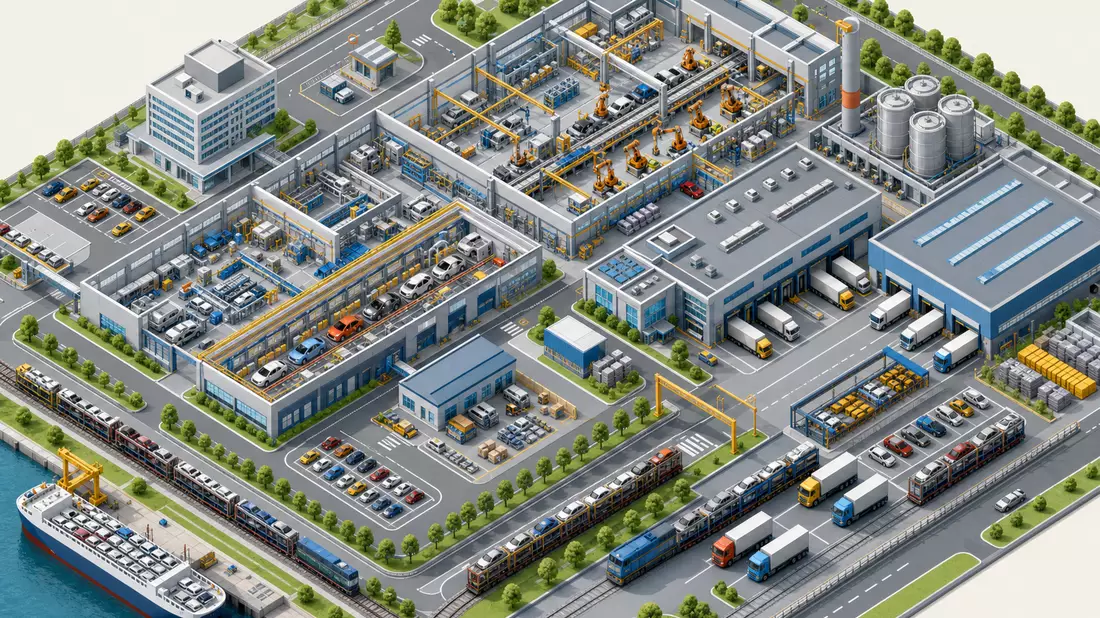 Isometrischer 3D-Render Miniatur-Automobilfabrik, Förderbänder, Lagerhallen, keine Logos