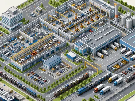 Isometrischer 3D-Render eines Miniatur-Automobilwerks mit Förderbändern und Lagerhallen – illustriert die Produktionskette der BMW AG (ISIN DE0005190003) spielerisch - Foto: THN