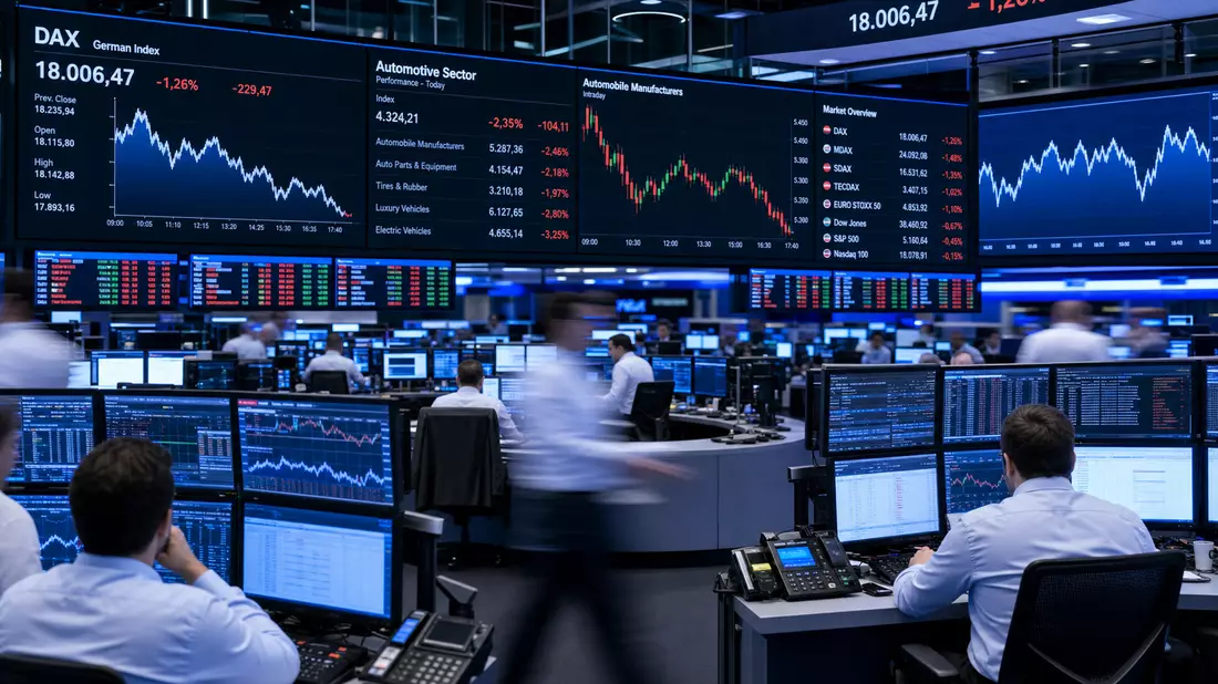 Tradingfloor mit DAX-Bildschirm, Autoaktien-Kerzencharts, Händler, blau-weißes Licht