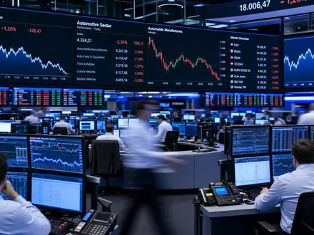 Börsen-Tradingfloor mit DAX-Anzeige und Automobilsektor-Kerzencharts – Finanz-Editorial zur Aktie der BMW AG (ISIN DE0005190003) als DAX-Unternehmen - Foto: THN
