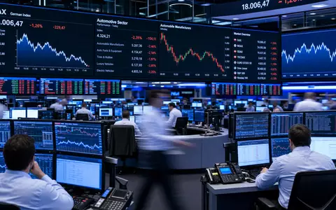 Börsen-Tradingfloor mit DAX-Anzeige und Automobilsektor-Kerzencharts – Finanz-Editorial zur Aktie der BMW AG (ISIN DE0005190003) als DAX-Unternehmen - Foto: THN
