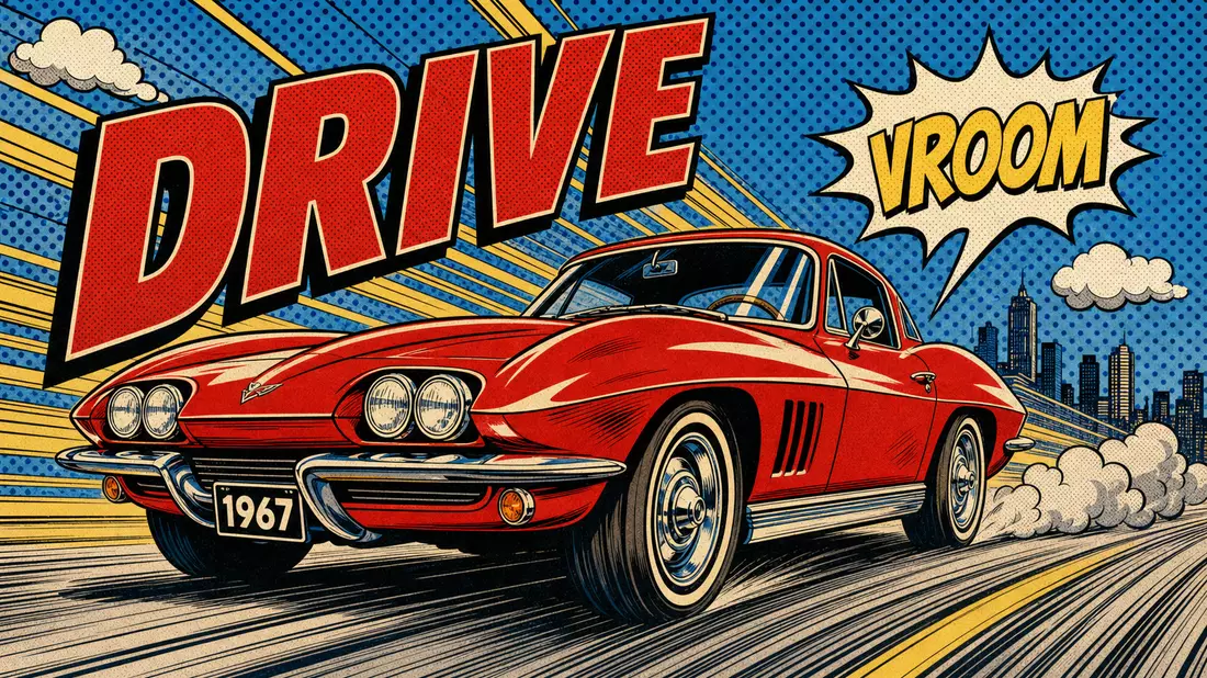 Pop-Art-Comic rotes Sportcoupé, Speedlines, DRIVE-Schriftzug, Halbtonmuster blau