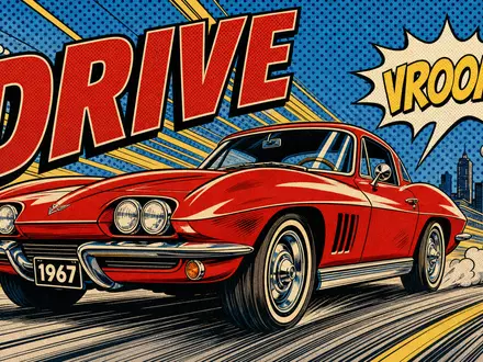 Pop-Art-Comicillustration eines stilisierten Sportcoupés mit Speedlines und Schriftzug DRIVE – dynamische Bildsprache für die Fahrfreude der BMW AG (ISIN DE0005190003) - Foto: THN