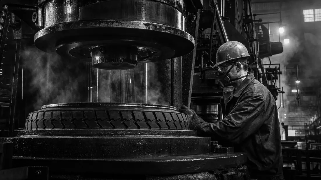 Schwarzweiß: Industriearbeiter mit Schutzhelm an Reifenpressform mit Dampfwolken