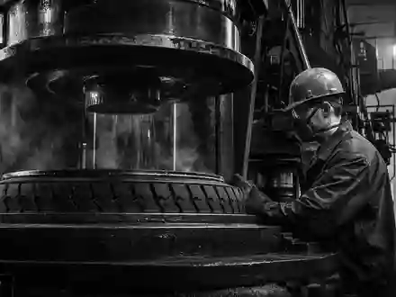 Schwarzweiß-Reportagefoto eines Werksarbeiters an einer Reifenvulkanisationspresse – symbolisiert die industrielle Produktionsstärke der Continental AG (ISIN DE0005439004) in der Reifenherstellung - Foto: THN