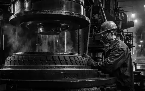 SchwarzweiĂ-Reportagefoto eines Werksarbeiters an einer Reifenvulkanisationspresse â symbolisiert die industrielle ProduktionsstĂ€rke der Continental AG (ISIN DE0005439004) in der Reifenherstellung - Foto: THN