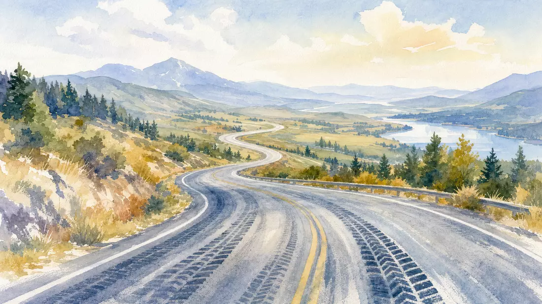 Aquarell: Kurvige Landstraße mit Reifenspuren in warmen Pastellfarben, Berglandschaft