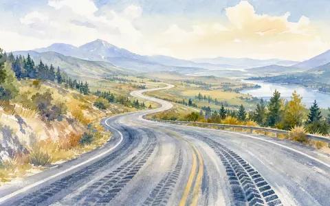 Aquarell-Illustration einer geschwungenen Straße mit Reifenspuren in Pastelltönen – kreatives Bildmotiv für den Mobilitätsbereich der Continental AG (ISIN DE0005439004) - Foto: THN