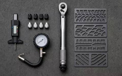 Flatlay-Draufsicht auf Reifenservicewerkzeuge: Profiltiefenmesser, Ventilkappen, Drehmomentschlüssel und Reifenprofil-Schablonen – passt zum Reifenservicegeschäft der Continental AG (ISIN DE0005439004) - Foto: THN