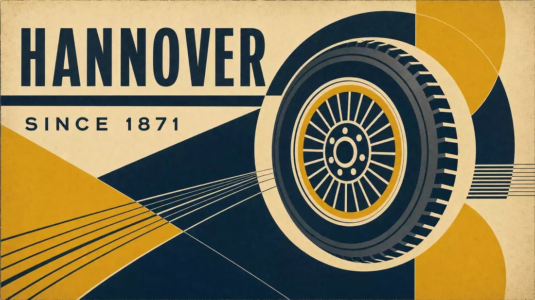 Bauhaus-Poster: Geometrisches Rad in Dunkelblau und Ocker, HANNOVER SINCE 1871