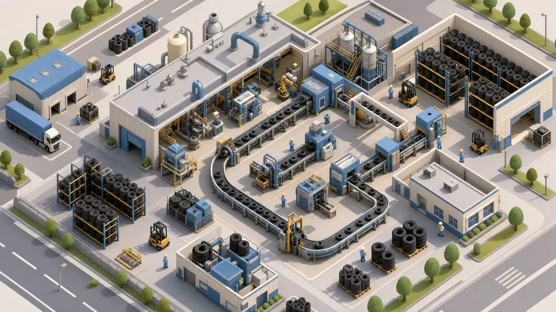 Isometrische Illustration: Miniatur-Reifenfabrik mit Förderbändern, Reifen-Lagerregalen und Gabelsta
