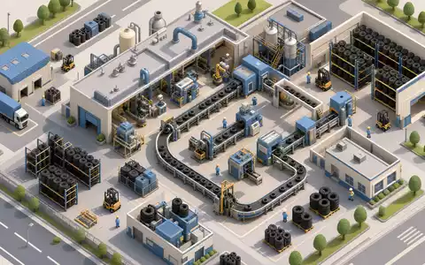 Isometrischer 3D-Render einer Miniatur-Reifenfabrik mit FörderbĂ€ndern, Lagerhalle und Gabelstaplern â abstrahiertes Symbol fĂŒr die Fertigungsinfrastruktur der Continental AG (ISIN DE0005439004) - Foto: THN