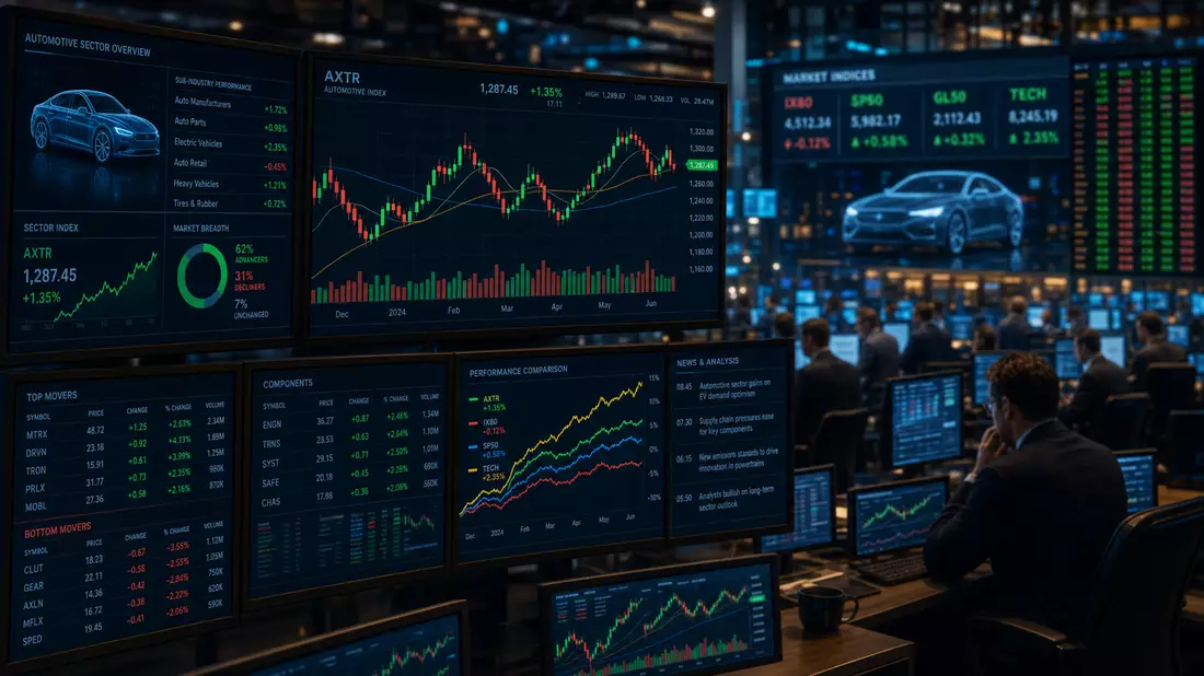 Mehrere Handelsbildschirme mit Automotive-Sektor-Index, Kerzencharts und Börsenübersicht in Blauambient