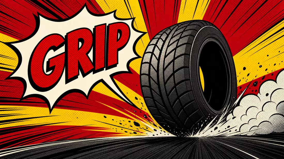 Pop-Art: Schwarzer Reifen mit roten Speedlines und GRIP-Schriftzug in Sprechblase auf Rot-Gelb-Hinte