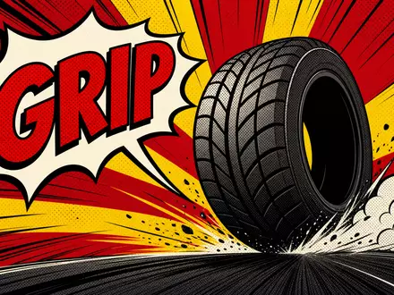 Pop-Art-Comic-Illustration eines dynamischen Reifens mit Speedlines und Aufschrift GRIP – energetisches Markenmotiv im Stil der Automobilwerbung passend zur Continental AG (ISIN DE0005439004) - Foto: THN