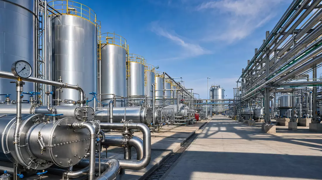Industrielles Chemie-Tanklager mit Edelstahltanks, Rohrleitungen und Druckmessgeräten unter blauem Himmel