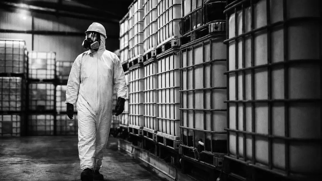 Lagerarbeiter in weißem Schutzanzug und Gasmaske geht an einer Reihe gestapelter IBC-Container vorbei, Schwarzweiß