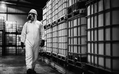 Schwarzweiß-Reportagebild eines Lagerarbeiters im Schutzanzug zwischen IBC-Containern – symbolisiert Sicherheitsstandards in der Chemielogistik bei Brenntag SE (ISIN DE000A1DAHH0) - Foto: THN