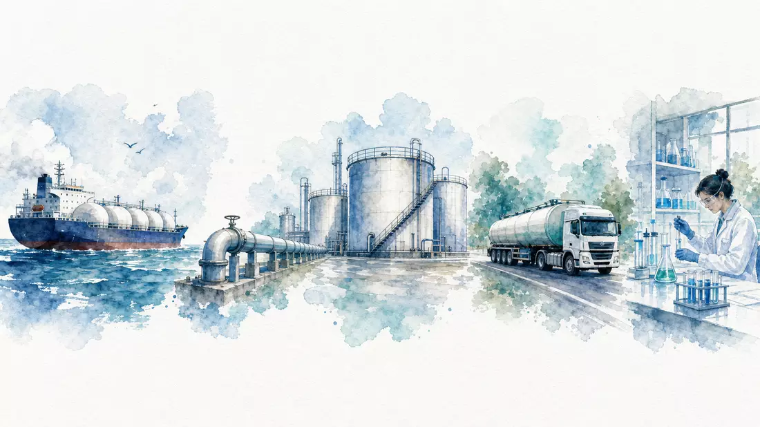 Aquarell-Illustration einer Chemiedistributionskette: Tankschiff, Pipeline, Lagertanks, Kesselwagen-
