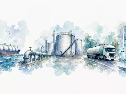 Aquarell-Illustration der Chemieverteilerlogistik von Tanker über Depot und LKW bis ins Labor – veranschaulicht das Geschäftsmodell von Brenntag SE (ISIN DE000A1DAHH0) - Foto: THN