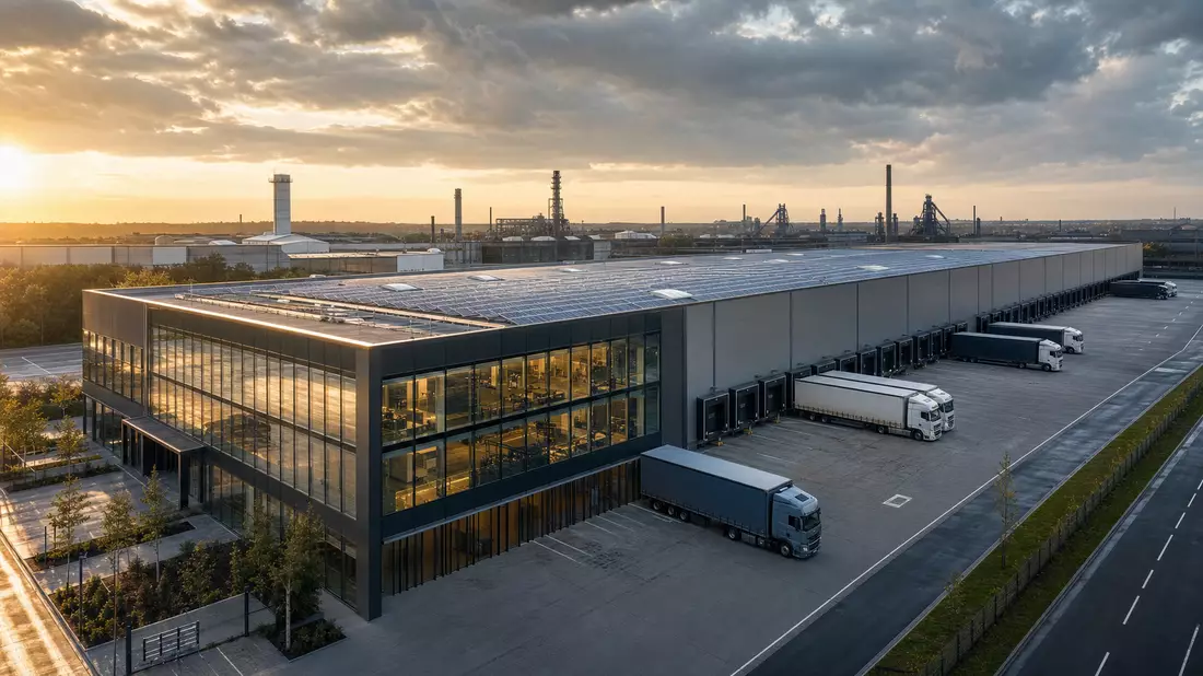 Luftaufnahme eines modernen Logistikzentrums mit Solardach, Ladedocks und LKW im Ruhrgebiet bei Goldstundenlicht