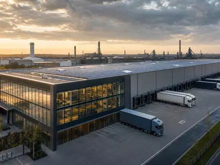 Modernes Logistikzentrum mit großer Solaranlage auf dem Dach im Ruhrgebiet-Stil – zeigt nachhaltige Infrastruktur analog zu Brenntag SE (ISIN DE000A1DAHH0) in Essen - Foto: THN