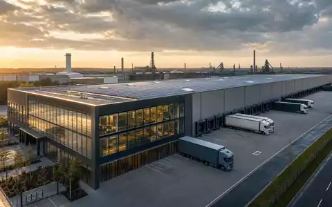 Modernes Logistikzentrum mit großer Solaranlage auf dem Dach im Ruhrgebiet-Stil – zeigt nachhaltige Infrastruktur analog zu Brenntag SE (ISIN DE000A1DAHH0) in Essen - Foto: THN